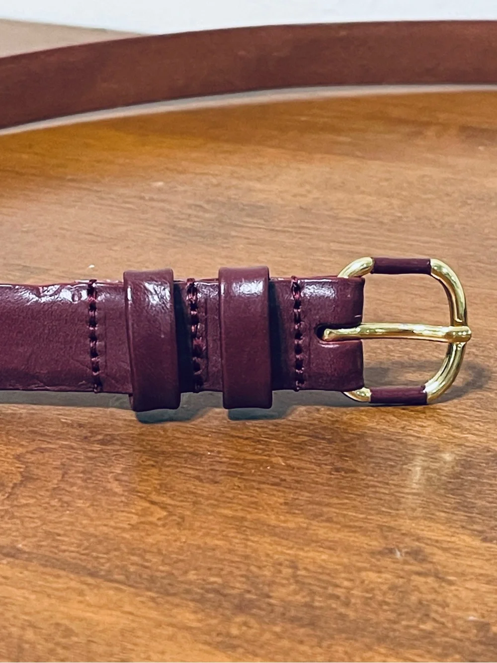 Lands' End Burgundy 100% Leather Dress Belt Gold Buckle Office Career Women L